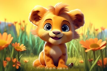 a cute adorable baby lion in nature rendered in the style of children-friendly cartoon animation fantasy style  created by AI