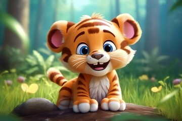 a cute adorable baby tiger  rendered in the style of children-friendly cartoon animation fantasy style  created by AI