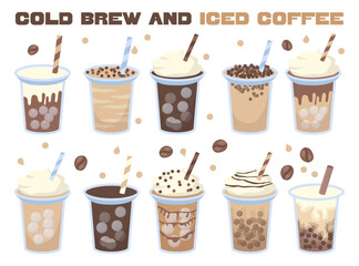 Iced coffee set. Cold brew beverages with straw. Energetic tasty