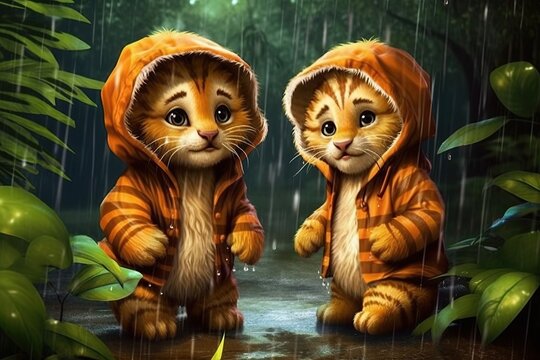 cute adorable two baby tigers walking in the rain in raincoats rendered in the style of animated cartoons suitable for children fantasy style  created by AI
