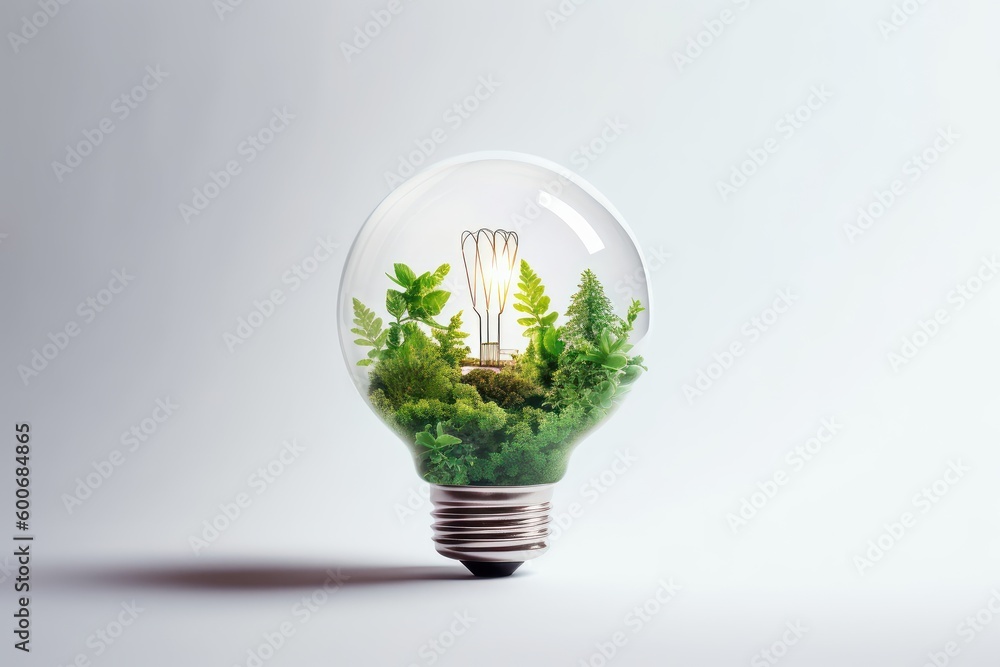 Wall mural eco friendly lightbulb with plants white background, renewable and sustainable energy. generative ai