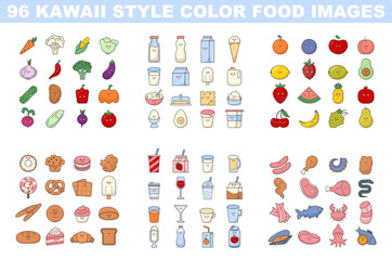 Cute food stickers or icons set. Kawaii ingredients or dishes with smiley