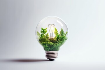 Eco friendly lightbulb with plants white background, Renewable and sustainable energy. Generative AI