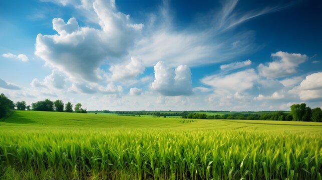 An Idyllic Agriculture-themed Background Featuring A Verdant Cornfield. The Lush Greenery Showcases The Abundance Of The Earth, While A Vibrant Blue Sky With Wispy Clouds Overhead Adds To The Pictures