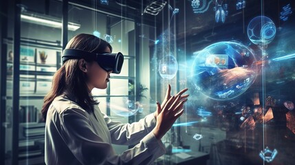 virtual reality glasses. A woman in virtual reality glasses works in the office. Business project for a startup. generative ai.