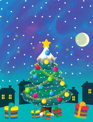 Fototapeta na wymiar cartoon happy scene with christmas tree - illustration for children