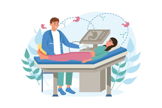recommend clip art: Medicine concept Abdominal ultrasound with people scene in the flat cartoon style. The doctor makes an ultrasound of the woman with the help of special devices. Vector illustration.