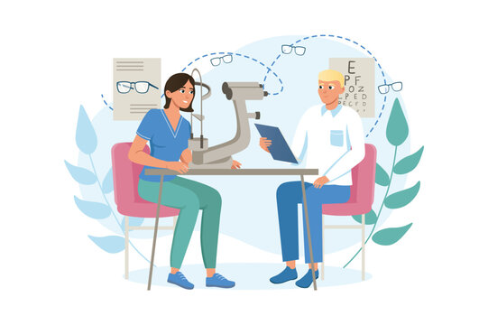 Ophthalmologist appointment medicine concept with people scene in the flat cartoon style. A woman came to see an ophthalmologist to check her vision. Vector illustration.
