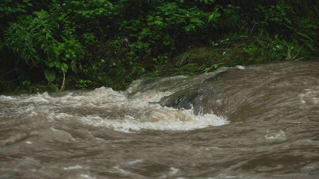山の上流で茶色く濁った川 渓流 濁流 土石流 大雨 災害 自然破壊 120p スロー

