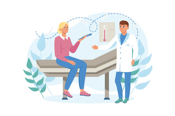 Temperature measurement medicine concept with people scene in the flat cartoon design. A doctor checks the body temperature of a sick patient. Vector illustration.