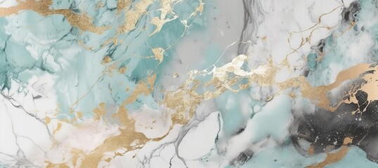 Marble stone texture background design. Soft white aqua gold colors. Generative AI technology.