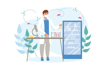 Medicine concept Hospital laboratory with people scene in the flat cartoon style. A laboratory assistant checks the chemical composition of drugs in a special laboratory. Vector illustration.