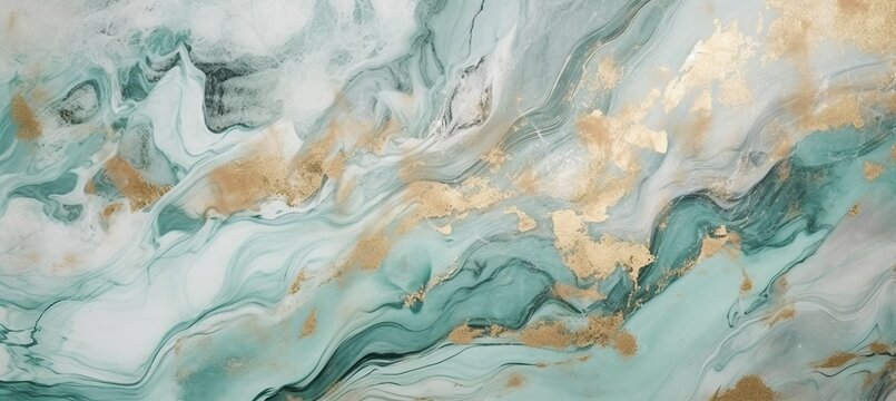 Abstract  marble stone texture background. Soft aqua gold colors. Generative AI technology.