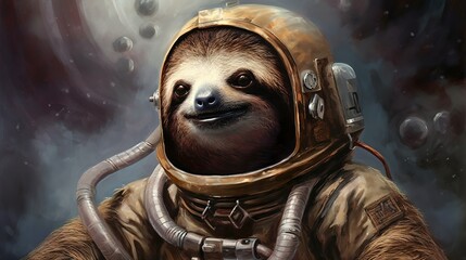 Astronaut sloth in spacesuit illustration, AI generated 