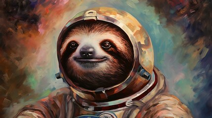 Cute astronaut sloth in spacesuit in surrealistic  illustration, AI generated 