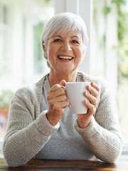 Portrait, happy old woman and drinking coffee in home for break, relaxing morning and retirement....