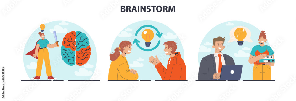 Poster brainstorm set. new idea generation in teamwork discussion. creative character
