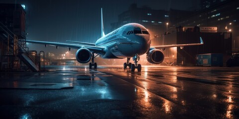 Plane on airport runway at night with cityscape glowing light background. Generative AI