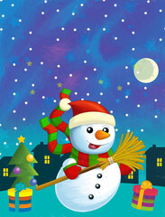 Christmas happy scene with different animals santa claus and snowman - illustration for the children