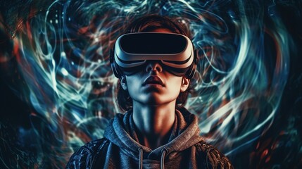 Future digital technology metaverse game and entertainment, Teenager having fun play VR virtual reality goggle, sport game 3D cyber space futuristic neon colorful background. Generative AI