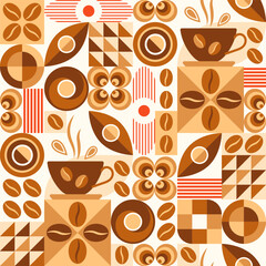 Coffee theme seamless pattern in simple geometric style with abstact shapes. Light roast level coffee. Good for branding, decoration of food package, cover design, decorative print, background