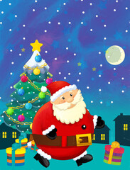 Christmas happy scene with santa claus and christmas tree - illustration for the children