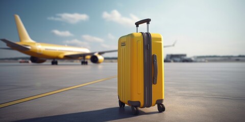 Traveler suitcase with airplane background, Summer vacation concept. Generative AI
