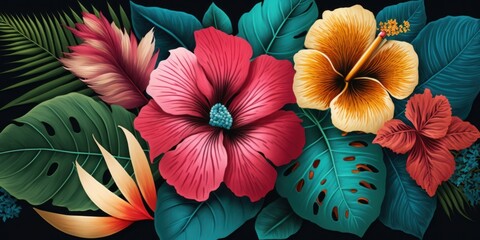 Beautiful tropical flowers background. Generative AI
