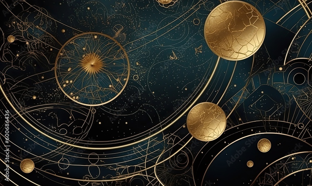 Wall mural abstract cosmic background with gold metallic foil and marbled textures inlay, sacred geometry with 
