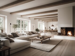 Naklejka na ściany i meble Cozy living room interior in beige. Generative AI