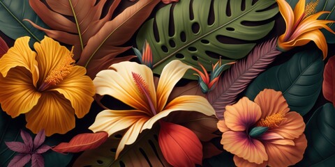 Obraz na płótnie Canvas Beautiful tropical flowers background. Generative AI