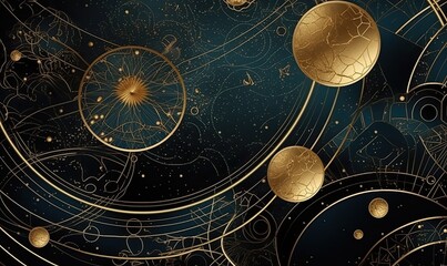Abstract cosmic background with gold metallic foil and marbled textures inlay, Sacred geometry with celestial motif, generative AI