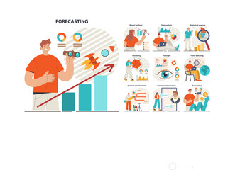 Business forecast set. Employee planning a new project, start up or marketing