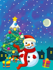Christmas happy scene with snowman and christmas tree - illustration for the children
