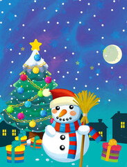 Christmas happy scene with snowman and christmas tree - illustration for the children