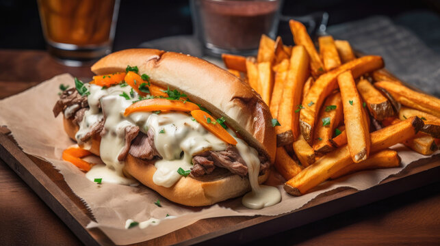 Philly cheesesteak with sweet potato fries and dipping sauce - Generative AI