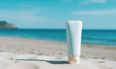 Fototapeta na wymiar Sunscreen lotion on sandy beach, summer composition, blue sea as background, generative AI