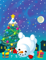 Christmas happy scene with snowman and christmas tree - illustration for the children