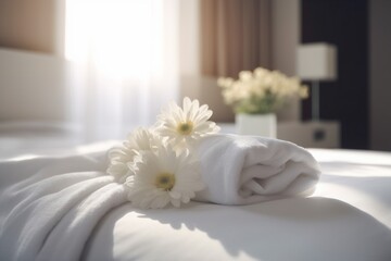 Obraz na płótnie Canvas towel modern comfortable flower welcome window bath bed bedchamber spa. Generative AI.