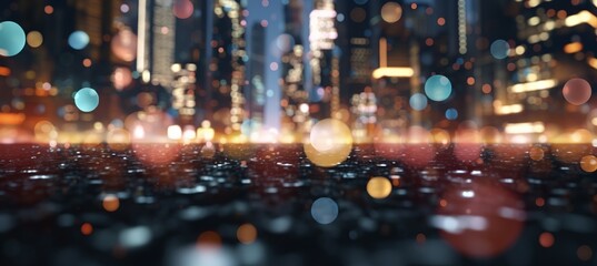 Abstract blur light glitter sparkle bokeh on night city background. Generative AI technology.