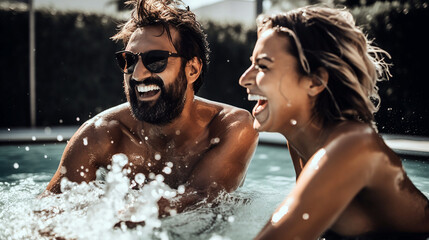 Obraz premium Happy couple having fun in the pool and enjoy the summer. Smiling and laughin at sunshine. Generative Ai