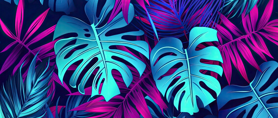 Abstract background with tropical leaves in magenta and azure - Generative AI