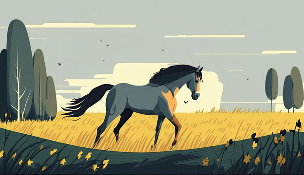 Horse - Minimalist flat design animal illustration. Image for a wallpaper, background, postcard or poster. Generative AI