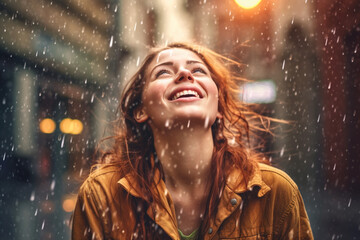 Smiling woman under the rain. Seasonal rains. precipitation. generate by ai