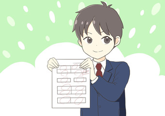 笑顔で満点を見せる男子学生　背景