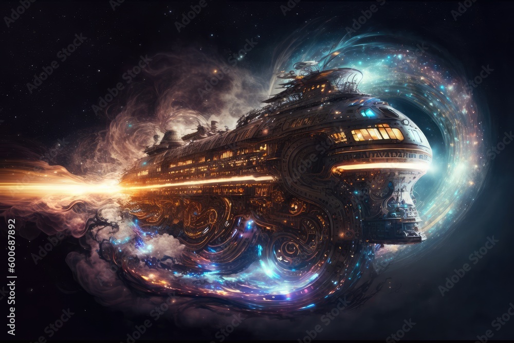Poster gigantic spaceship travel into a quantum world. distinct generative ai image.
