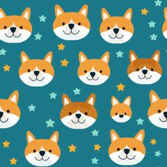 Seamless pattern with cute Shiba Inu dog face on turquoise blue background. Orange Dog head with little stars background. Generative AI.
