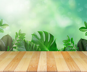 Wood table top on nature green blurred background