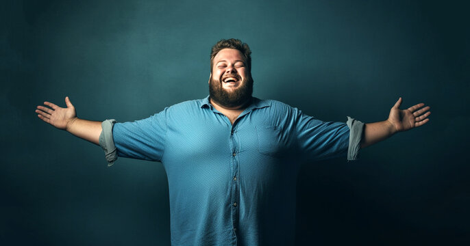 Portrait of confident happy caucasian middle aged man overweight, self-love concept,body-positivity, weight loss, body and health care, self loving plus size men