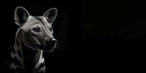Black and white photorealistic studio portrait of an extinct Tasmanian Tiger Thylacine on black background. Generative AI illustration
